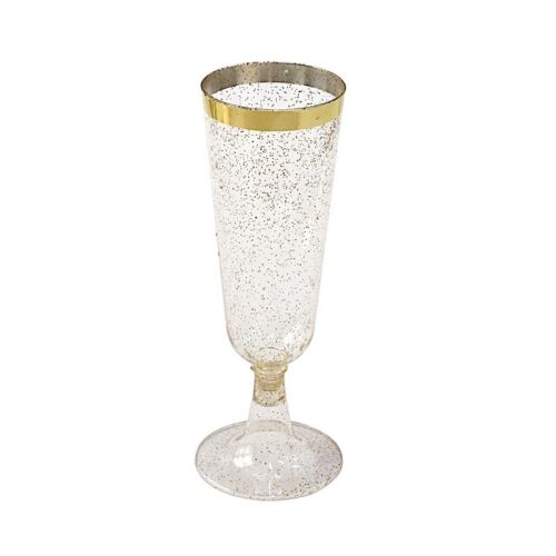 12 Clear 6 oz Flutes Glittered Plastic Champagne GLASSES Gold Trim Party Events - Picture 4 of 9