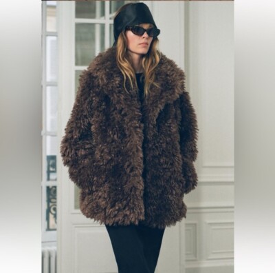 ZARA ZW COLLECTION FAUX FUR SHORT COAT CHOCOLATE FW24/25 SIZE S