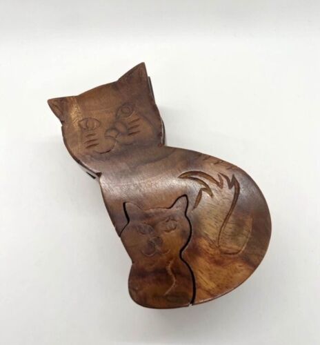 Matr Boomie 5" Ręcznie rzeźbiony indyjski palisandr Kot Puzzle Pudełko Dekoracja Element Akcent - Zdjęcie 1 z 9
