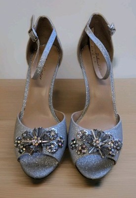Roland Cartier 'Marlina' Silver Glitter Heels, Diamonte Flower, UK 6, EU39, US8.