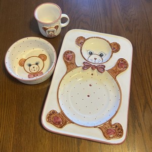 Vintage Gmundner Keramik Teddy Bear 3 Pc Dish Set Plate Bowl Mug Pink Polka Dot