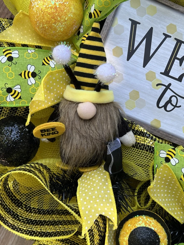 Венок| Приветственный венок для входной двери| Домашний декор | Весенний летний венок | Gnome Bee - Изображение 2 из 4