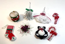 Lot of 8 Assorted Handmade Christmas Ornaments - Candy Canes; Stocking; Drum