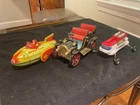 3 vintage Tin Metal Toys Masudaya Lever action car Corgi Lunar Bug + tin Rocket
