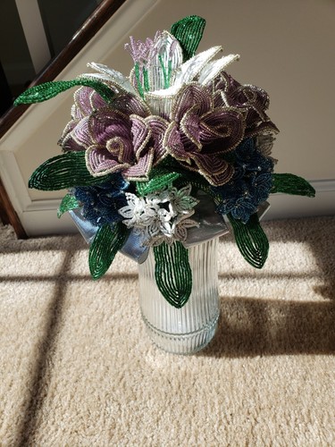 Beaded Flower Wedding Bridal Bouquet W/White Blue Purple Handmade Flowers - Picture 16 of 16