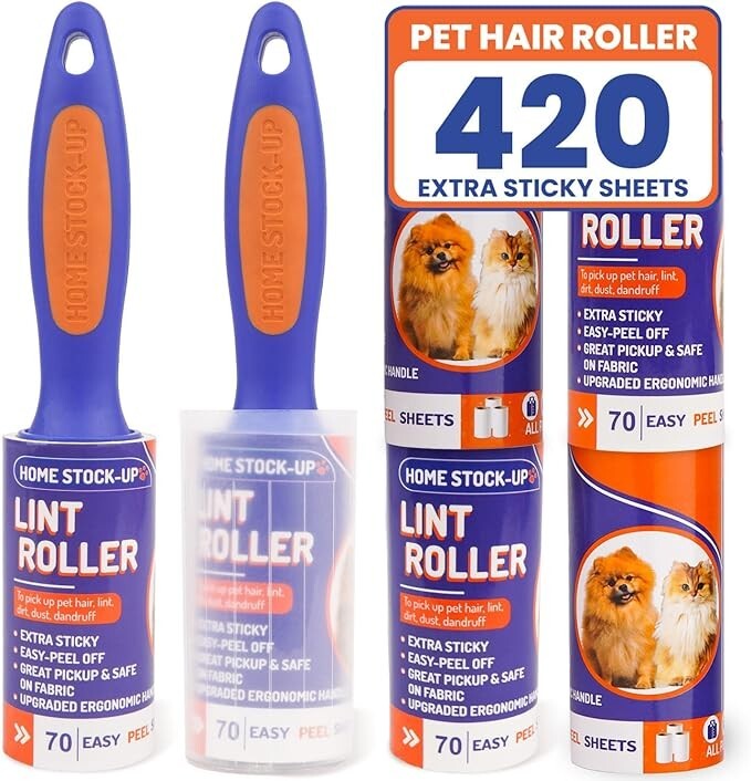 Extra Sticky Lint Rollers for Pet Hair - 420 Sheets, 6 Refills, 2 Handles & Cove