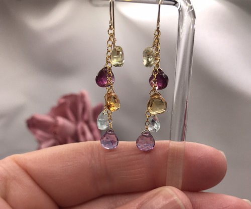 14k Multi Gemstone Earrings Briolette Citrine Garnet Topaz Handmade - Picture 4 of 8