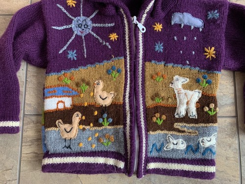 Peruvian Knit Hooded Sweater Girls 4T Zip Purple Colorful Handmade Alpaca Ducks - Picture 7 of 14