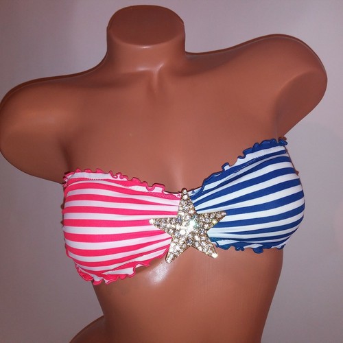 Victoria Secret Swim Bikini Top XS Red White Blue Gold Star Bling Bandeau Ruffle - Picture 2 of 8