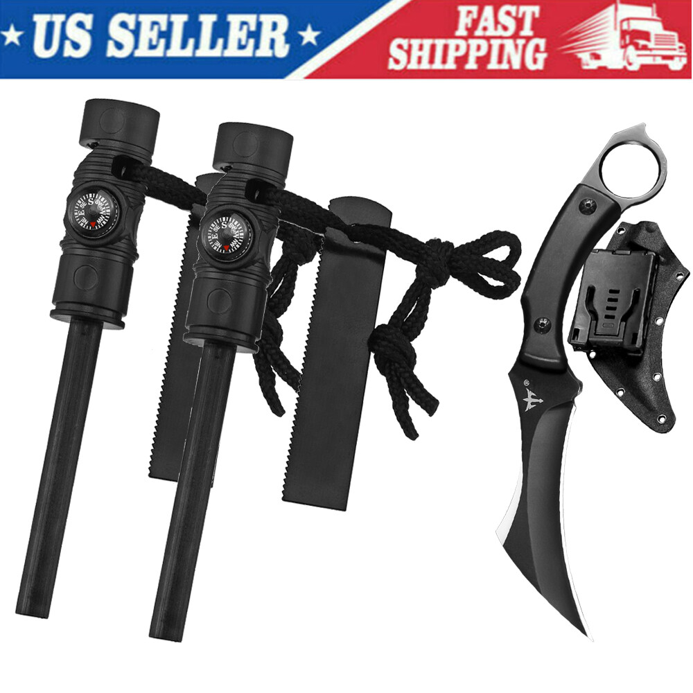 Survival Fire Starter Flint Steel Striker with Fixed Blade Knife for Camping