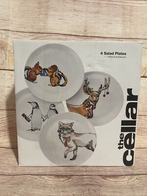 Macys THE CELLAR Holiday Salad Plates in Box Fox Reindeer Chipmunks Penguins NEW