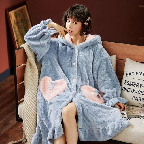 Mädchen Hase Kaninchen lange Ohren Nachthemd warm Flanell Kapuze dick Nachtwäsche PJ's - Bild 13 von 40