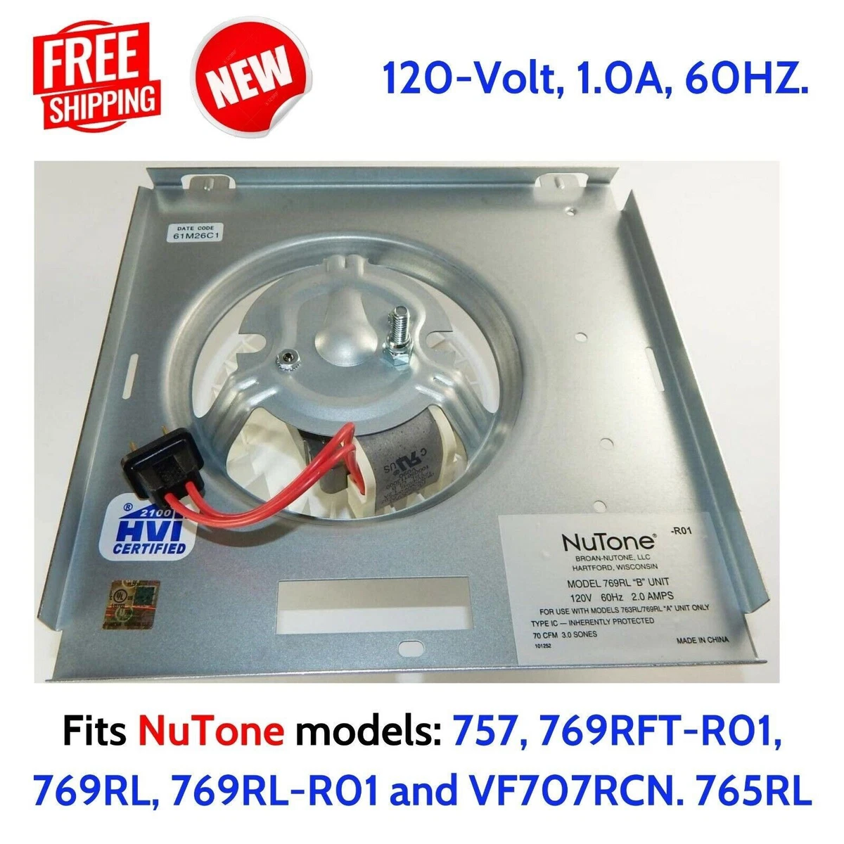 Bathroom Exhaust Fan Motor Assembly Replacement NuTone 757 769RFT-R01 769RL  765R | eBay
