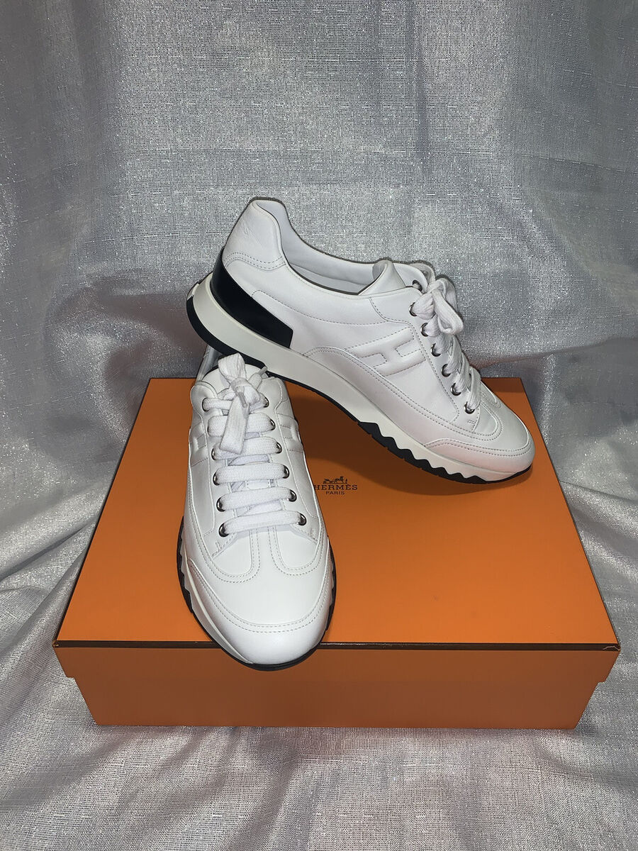 $1025 HERMES H Logo White Leather Sneakers Trail Trainers $1025 HERMES H Logo White Leather Sneakers Trail Trainers