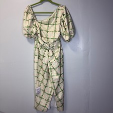 ASOS DESIGN Green Pink Check Puff Sleeve Twist Front Midi Dress US 6 New