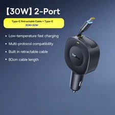 30W Car Charger Type-C Fast Retractable Cable USB-C Quick Charging 360° Rotation