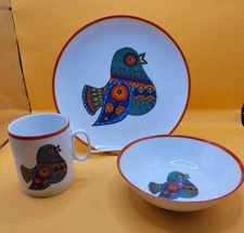 German Mid Century Kaiser Queen Crown China/Porcelain 3 Piece Breakfast Set Bird