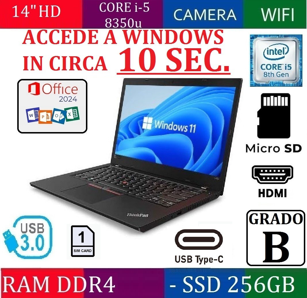 OFFERTA NOTEBOOK 14" HD LENOVO L480 I5 8350U RAM DDR4 8GB SSD 256gb PC PORTATILE