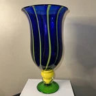 Murano Fluted Trumpet Art Glass Vase Blue Yellow Green Vintage Italy 13.5 " high