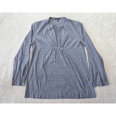 Eileen Fisher Cotton Linen Tunic Blouse Grey Chambray Split Neck Pleated XS