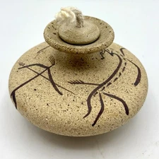 Sand Art Pottery Oil Lamp Black Etching Art Hunters And Deer