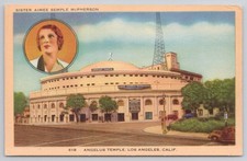 Aimee Semple McPherson Angelus Temple Los Angeles Linen Postcard 1930s