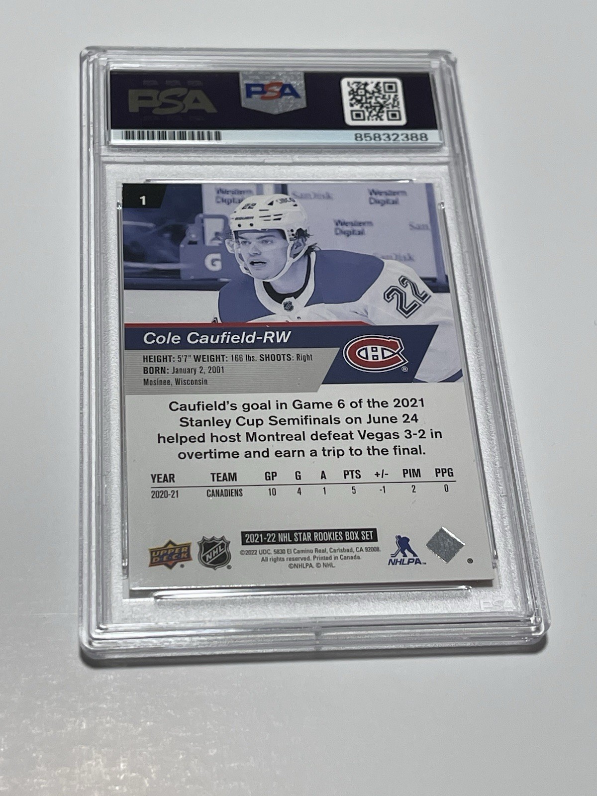 Cole Caufield Signed Card Upper Deck Rookies UD Slabbed PSA DNA PSA/DNA IP Auto view 2