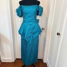 Teal Off-Shoulder Peplum Evening Midi Dress