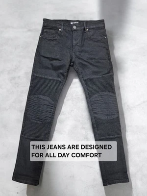 Georgio Peviani Men’s Black Biker Jeans – Ribbed Knees, Stretch Fit, Stylish