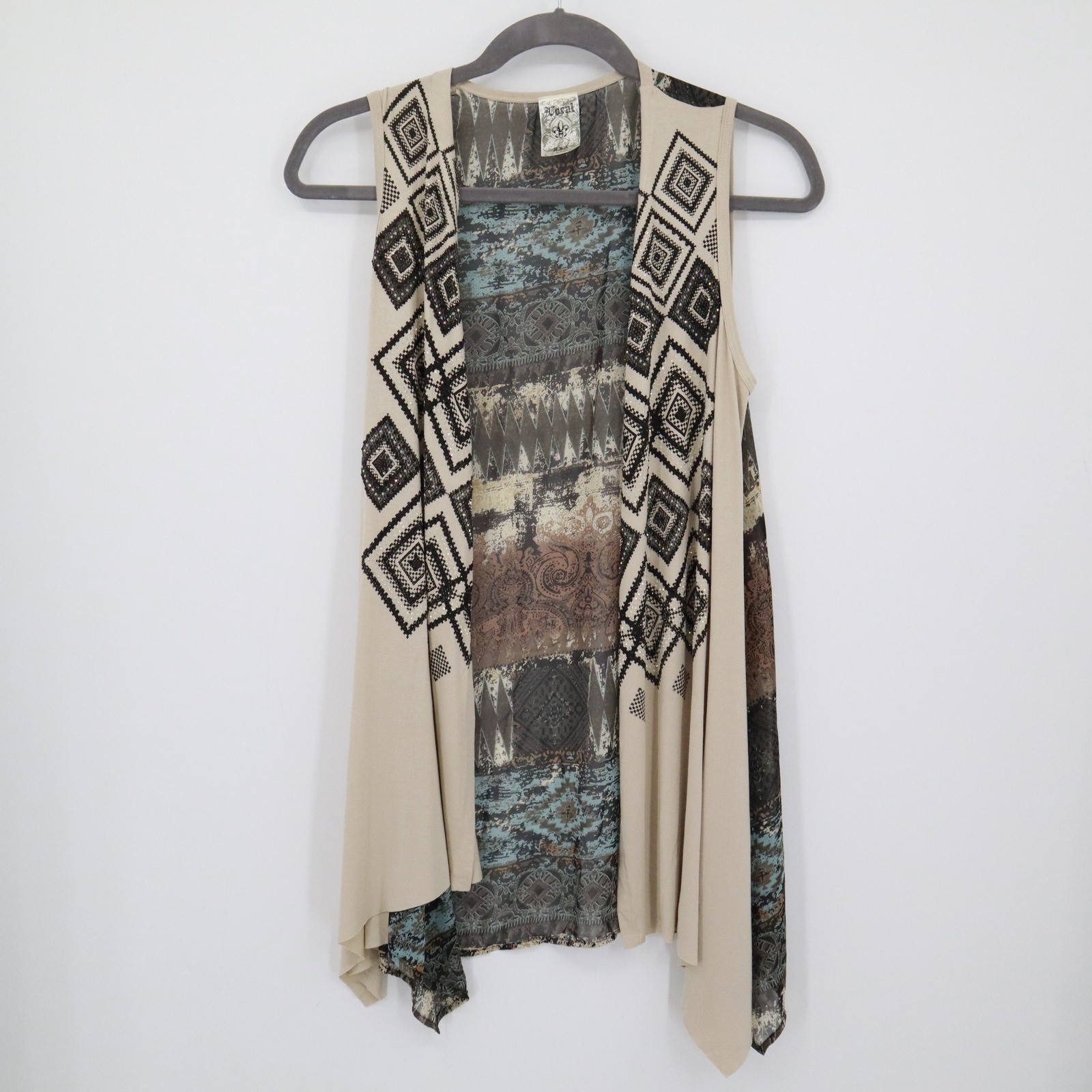 Vocal Longline Southwestern Vest Womens XL Beige Black Rhinestone Boho Aztec