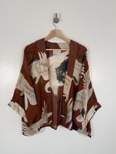 One Hundred Stars Kimono Jacket Rust Short Stork Bird Crane Print Open Cover Up