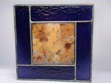 Vtg Leaded Blue Hanging Stained Glass Suncatcher With Dried Flowers