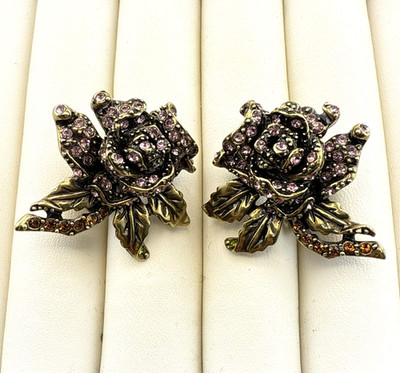 Heidi Daus Earrings Pink Flower Clip On Rose Elegance Floral Rhinestone