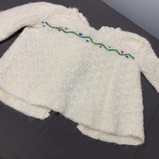 Hand Made Knit Crochet Vintage Newborn Cream Cardigan Sweater Dainty Cottage 0-3