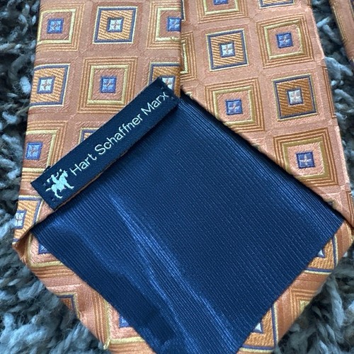 Men’s Hart Schaffner Marx Orange Blue Square 100% Silk Tie - Picture 3 of 4