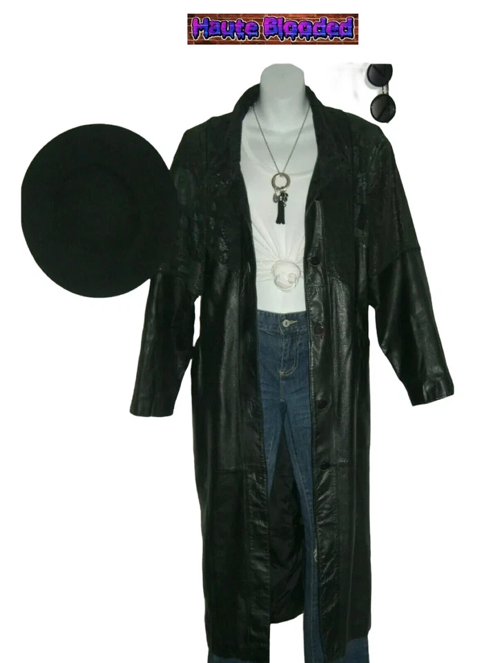 Gabardina de cuero negra larga vintage de los 90 con estampado boho holográfico hasta el suelo  Foto 2 de 4