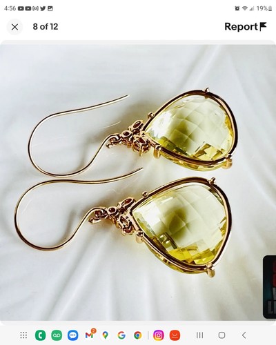 Solid 14k Yellow Gold Genuine Lemon Citrine (27ct) & Diamond Dangle Earrings - Picture 4 of 5