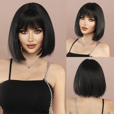12" Women Short Bob Synthetic Lace Front Wig Baby Hair Silky Straight Black US