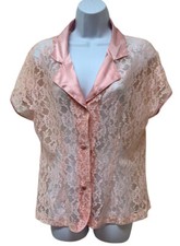 VTG Victorias Secret Gold Label Pajama Top Pink Sheer Lace Satin Trim Size M