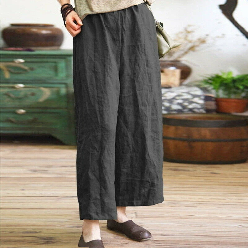 Women's Linen Cotton Cropped Casual Pants Loose Fit Summer Trousers