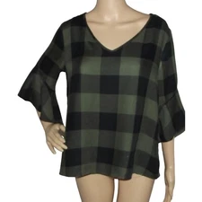a.n.a. Blouse Size Medium Green Black buffalo plaid shirt bell sleeve hi lo hem