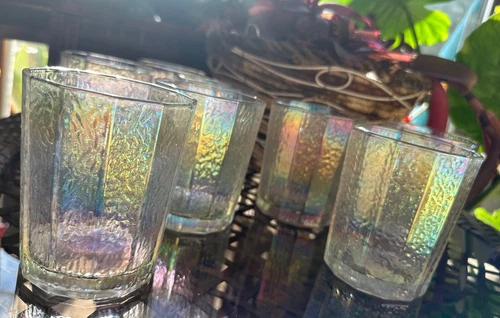 8 Vintage Hammered Iridescent Moon-Glow Lustre Dodecagon Tumblers: Federal Glass