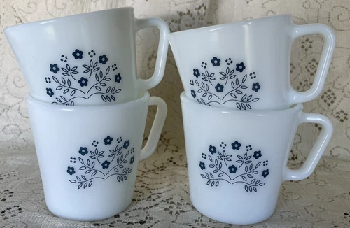 Pyrex Mugs Summer Impressions Blueberry Blue, Flowers Set of 4 Vtg