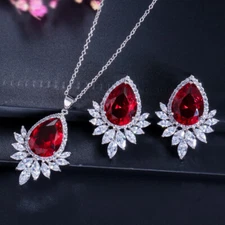 Cubic Zirconia Big Teardrop Necklace Earring Set Women Silver Plated Red Jewelry