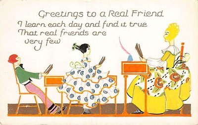 Postcard: Greetings to a Real Friend, Blonde Teacher & Students, DB 1910's