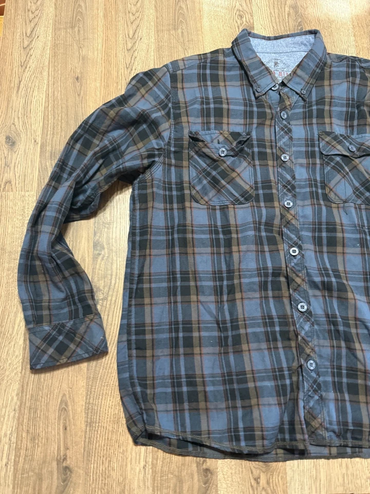 Рубашка мужская North River большая синяя черная коричневая клетчатая с длинным рукавом на пуговицах - Изображение 3 из 4