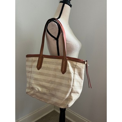 Fossil Striped Canvas Tote Bag Brown Leather Trim Gold Hardware Neutral Vtg 90s