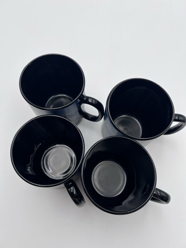 Arcoroc France Black Glass Coffee Mugs Cups Yucatan Blue Aztec 10 oz Set of 4 - Picture 2 of 4
