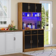 Kitchen Cupboard w/ LED & Power Outlet, Countertop, Tall Kitchen Cabinet, Black