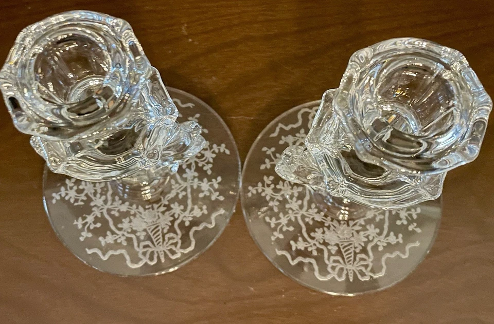 Vintage Fostoria Navarre Etched Glass Baroque Tulip Candle Stick Holders 5.5" - Image 3 of 4